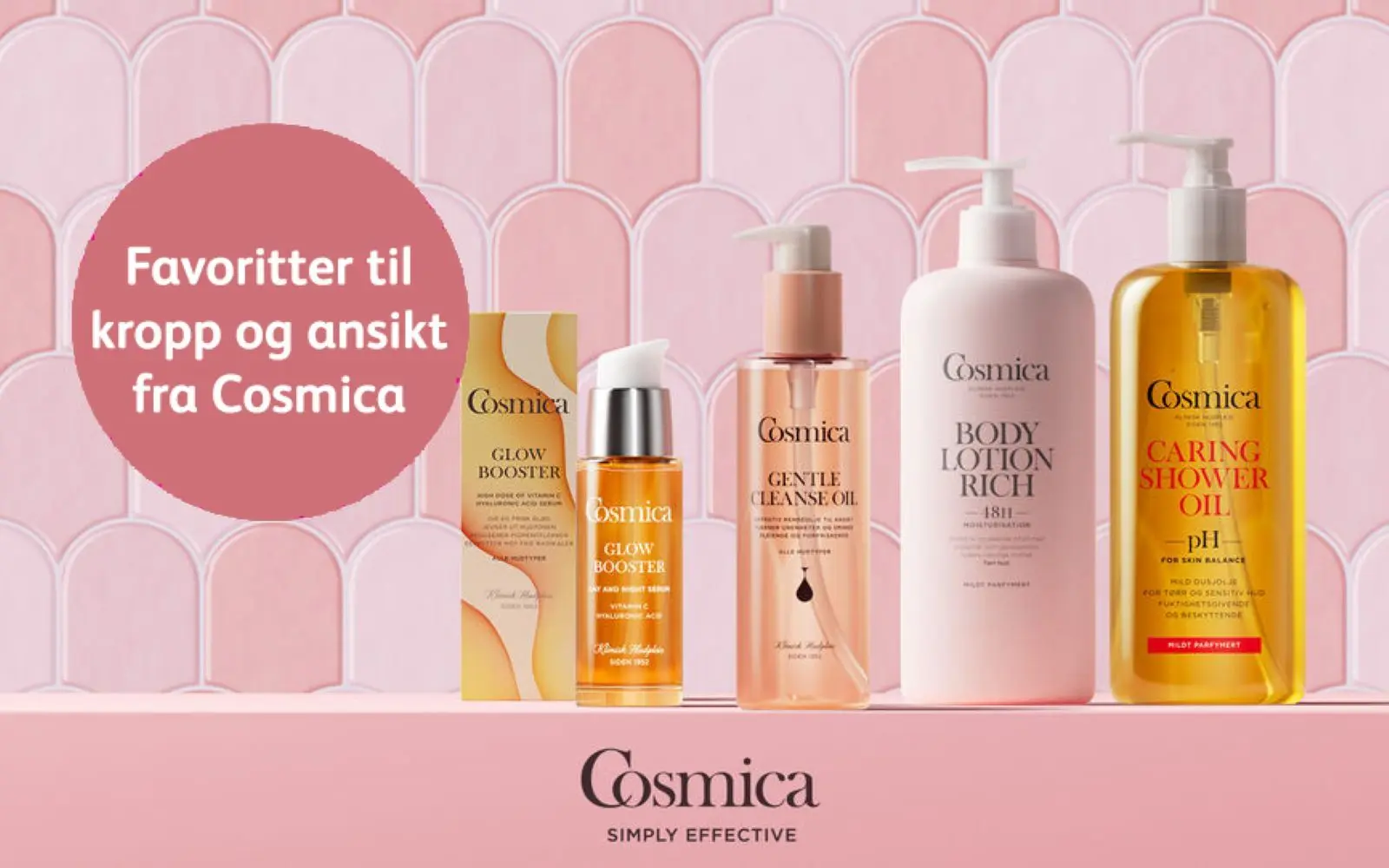 En rosa bakgrunn med ulike Cosmica produkter på rekke og rad