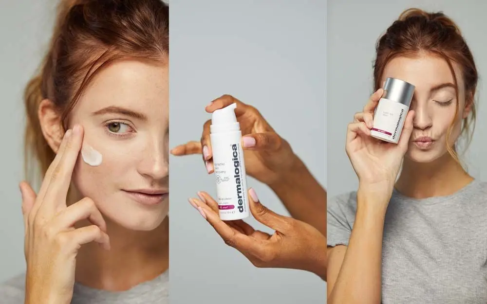 Bildet består av tre side-ved-side-bilder som viser hudpleie i bruk: Til venstre påfører en person en hvit krem på kinnet. I midten holder et par hender en flaske hudpleieprodukt fra merket Dermalogica. Til høyre poserer en person med et annet Dermalogica-produkt holdt opp mot ansiktet mens de lager en liten kyssemunn.