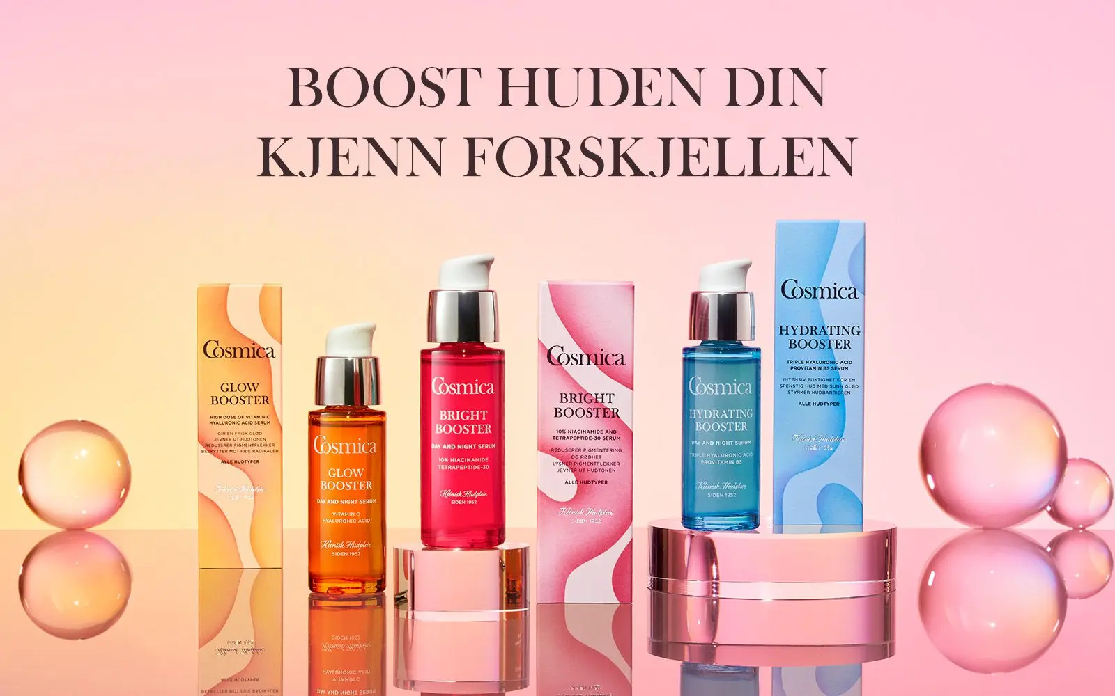 Diverse Cosmica produkter foran en gul/rosa bakgrunn. Boost huden din, kjenn forskjellen står skrevet over.