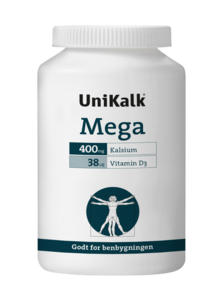 Unikalk Mega, 400 mg kalsium og 38 mcg vitamin D. 180 tabletter