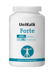 Unikalk Forte, 400 mg kalsium og 19 mcg vitamin D. 180 tabletter
