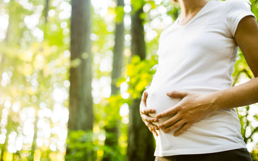 Bilde av en gravid dame som holder seg over magen.