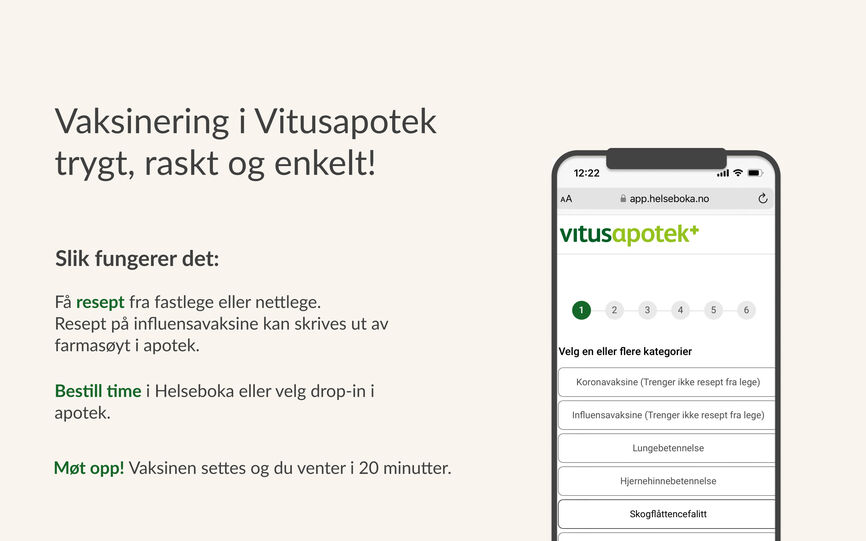 Beskrivelse av vaksinering i 3 steg- få resept, bestill time eller finn apotek, møt opp for vaksinering.