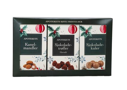 Apotekets gavesett kanelmandler, sjokladetrøfler og sjokoladekuler 3x100 g