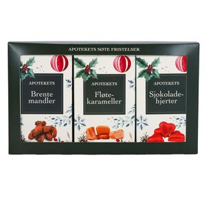 Apotekets gavesett brente mandler, fløtekarameller og sjokoladehjerter 3x100 g