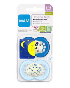 Mam Night Silk smokk som lyser i mørket blue 6m+ 2 stk
