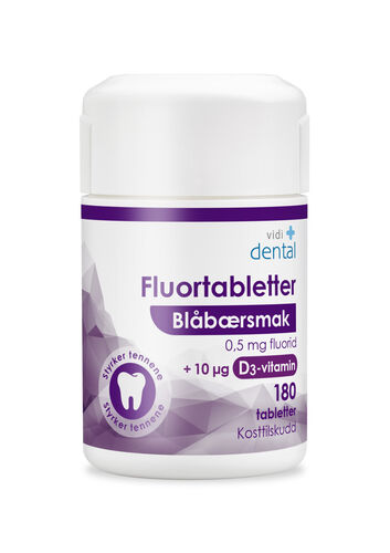 Vidi dental fluortabletter 0,5 mg blåbærsmak + D3 180 stk