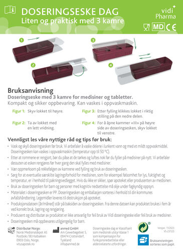 Vidi Pharma doseringseske dag, 3 kamre, assorterte farger 1 stk