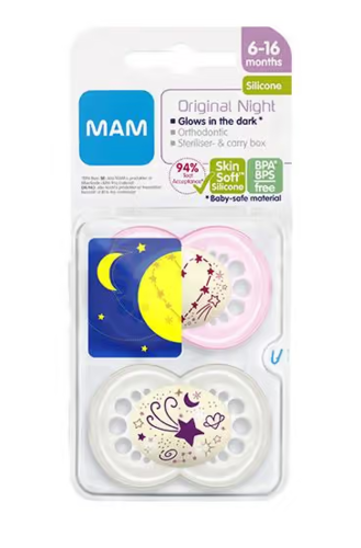 Mam Night Silk smokk som lyser i mørket pink 6m+ 2 stk